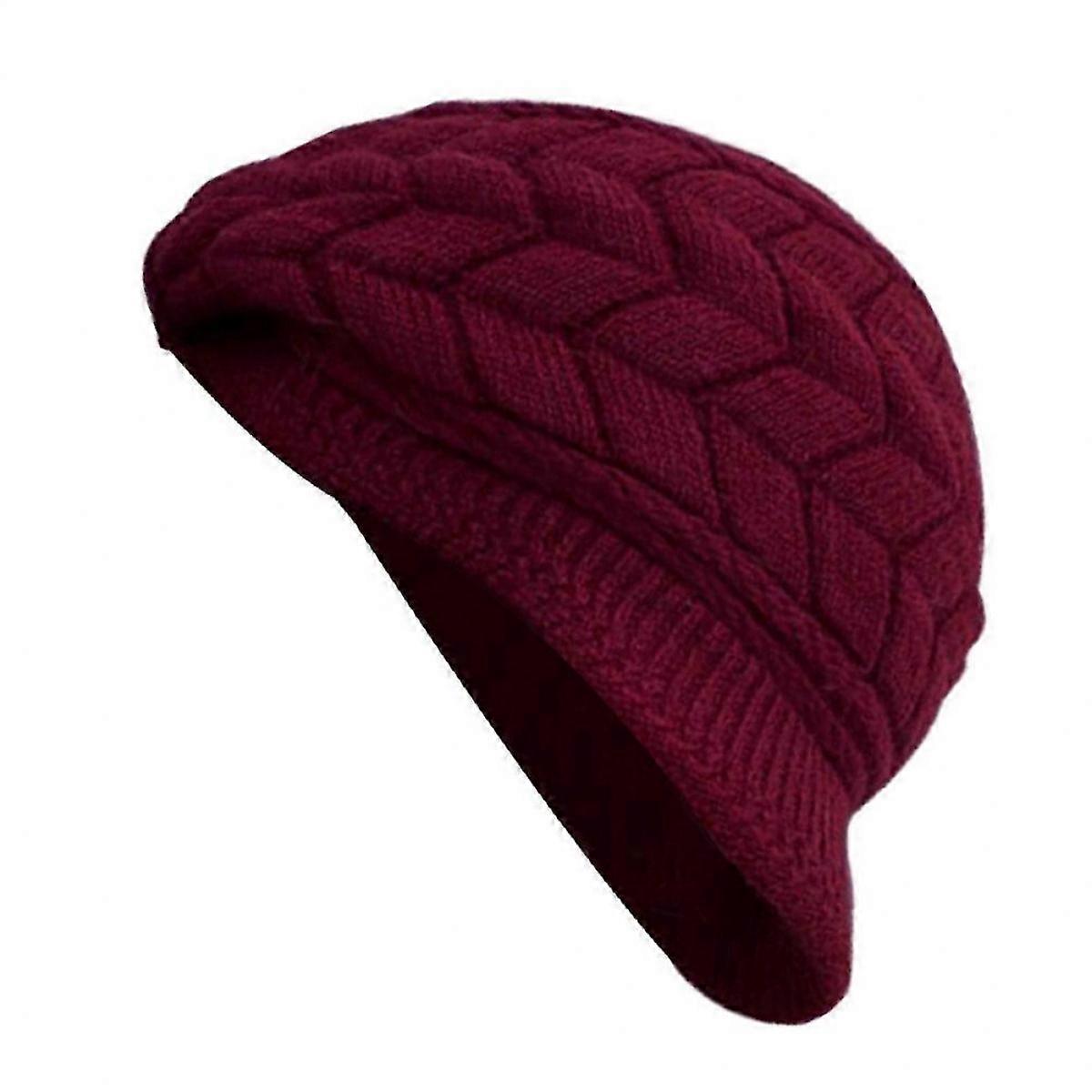 Red Wool Knit Winter Hat with Visor