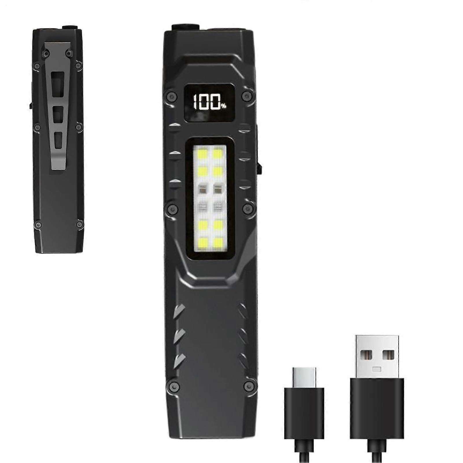 USB Rechargeable LED Flashlight with Clip, Work Light with Power Display for Outdoor Running