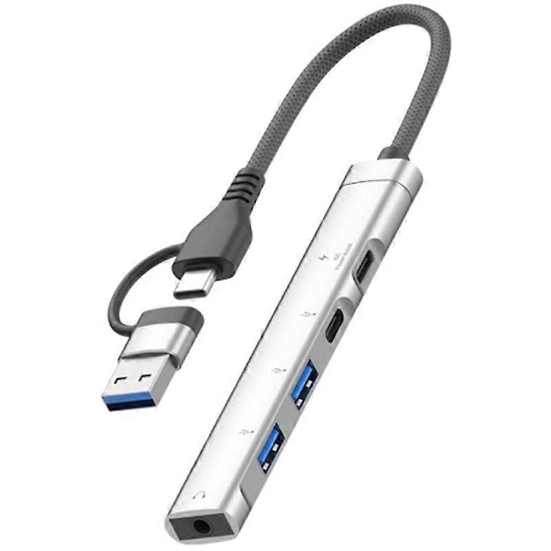 Type-C/USB-A 5-in-1 USB Hub Type-C Charging + Type-C Data + 2xUSB + 3.5mm Headset Jack Adapter