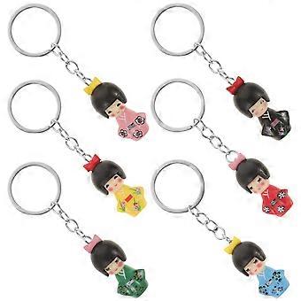 6pcs Cartoon Doll Keychain Kimono Doll Key Ring Adorable Schoolbag Pendants