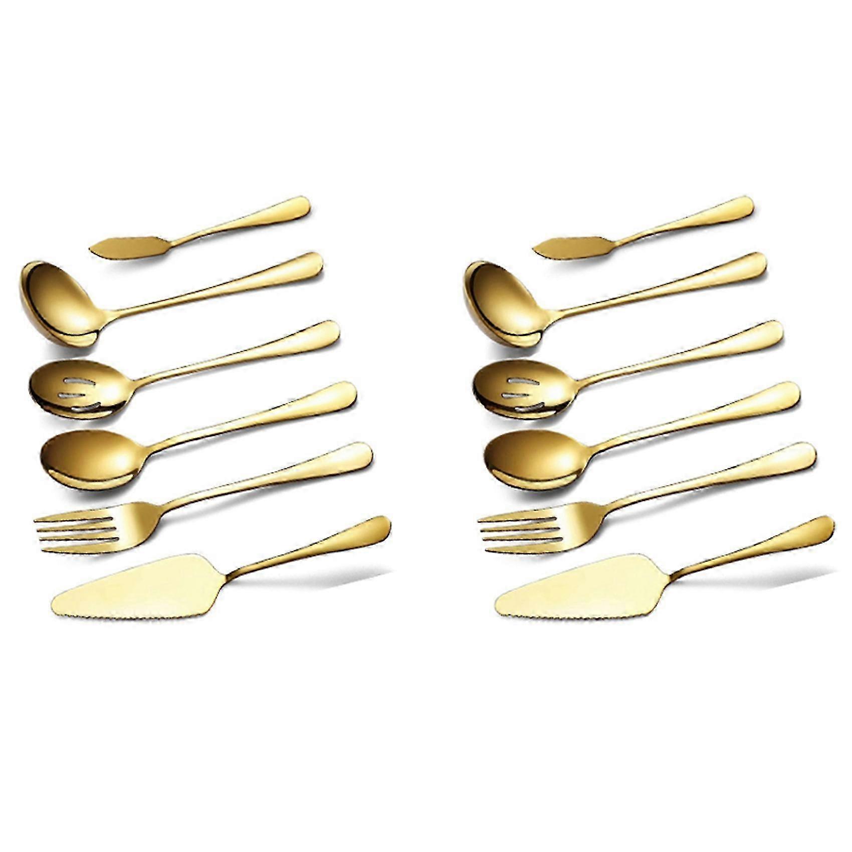 12-Piece Serving Flatware Silverware Set, Serving Utensil Set,Include Cake Server, Slotted Serving Spoon Gold