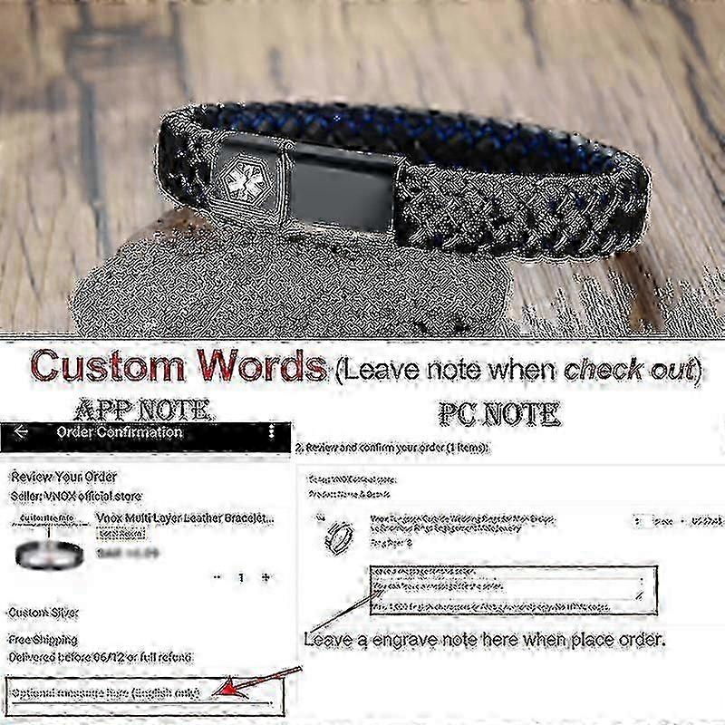 Bracelet d'identification médicale 26-27 pour hommes, bracelet jonc en cuir tressé pour le diabète, la BPCO et la maladie d'Alzheimer