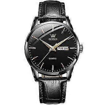 OLEVS 6898 men's quartz watch with dual calendar waterproof design 30m alloy case 9mm thin 39mm diameter leather strap for daily wear