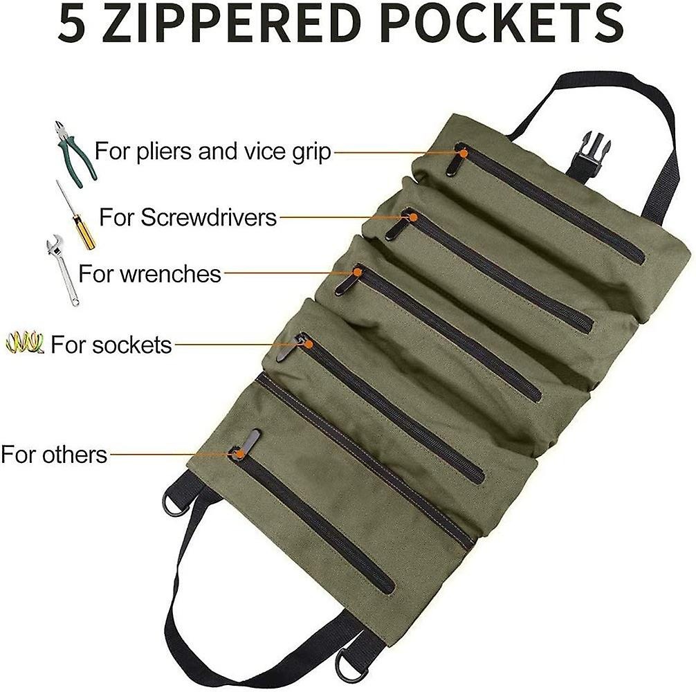 16A Canvas Roll-Up Tool Bag with 5 Zippered Pockets, Roll-Up Multi-Function Tool Pouch (Green)