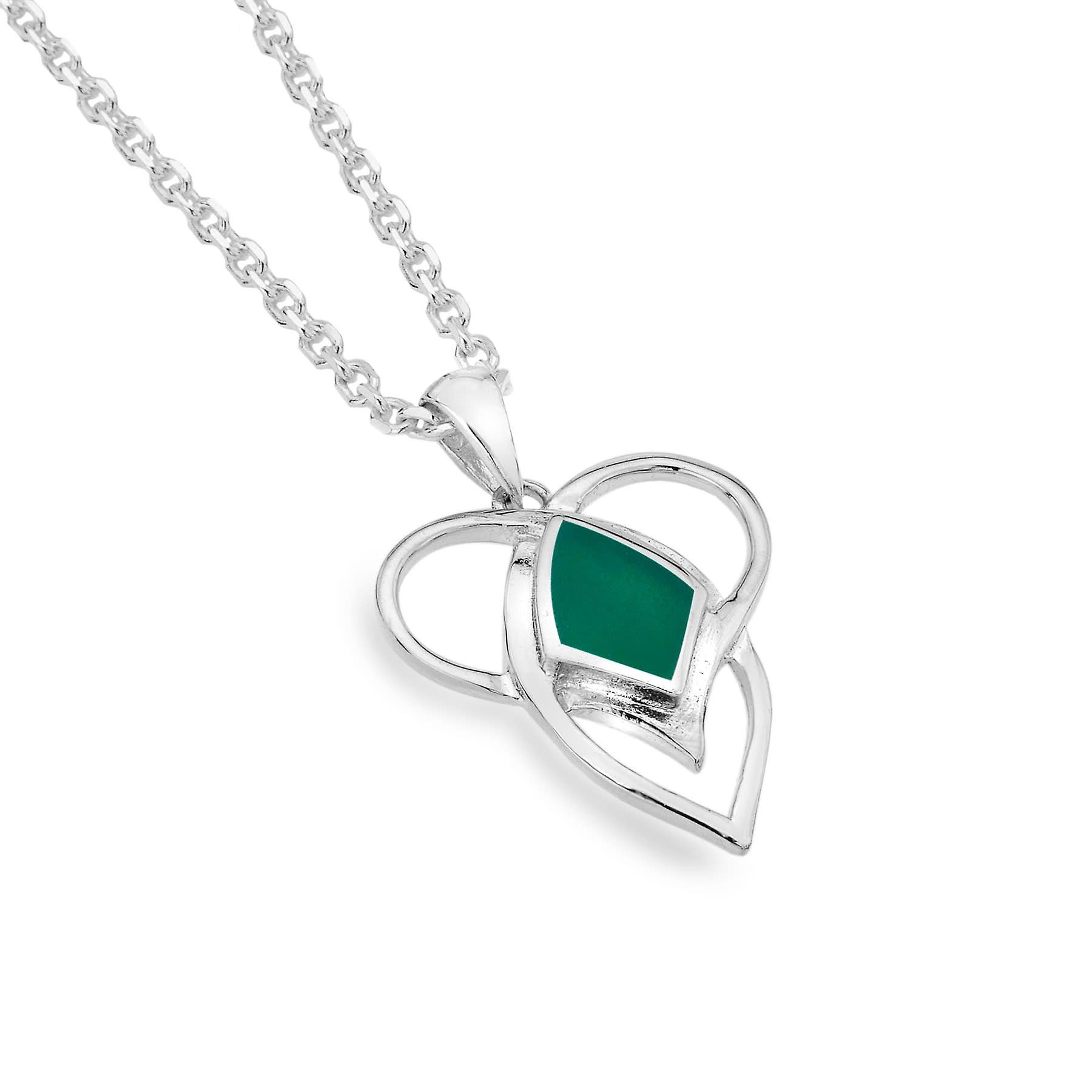 Sterling Silver Pendant Necklace - Celtic Heart Shape + Green Agate