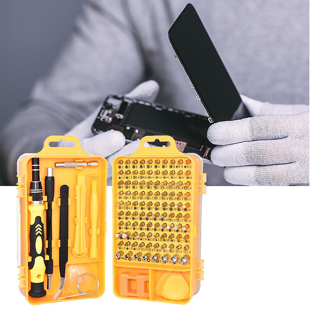 115 in 1 Yellow Screwdriver Set with 98 Bits & Tools Kit 157x90x52mm