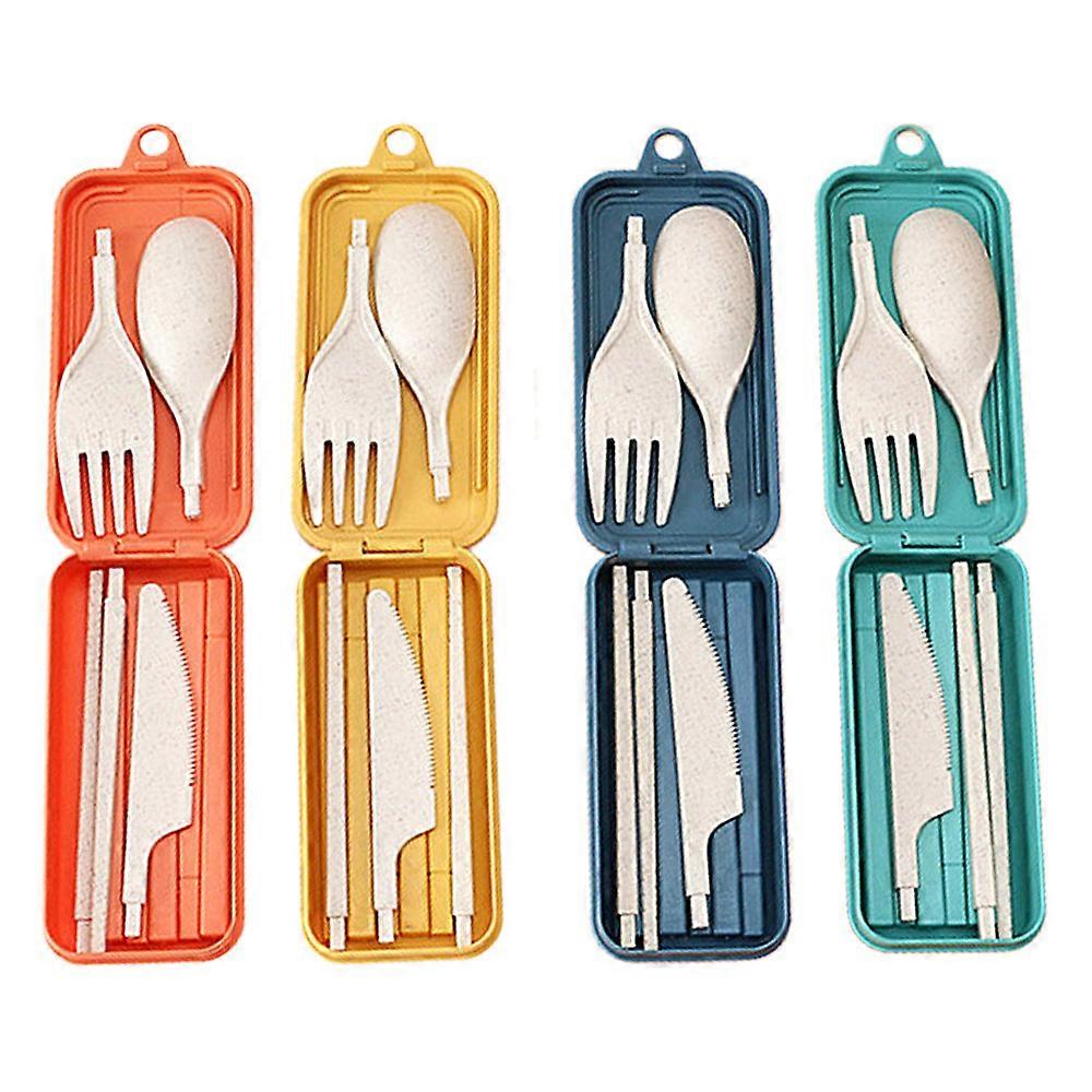 4Set Wheat Straw Cutlery Sets Lightweight Reusable Foldable Chopsticks Spoon Knife Fork Tableware Set with Storage Case