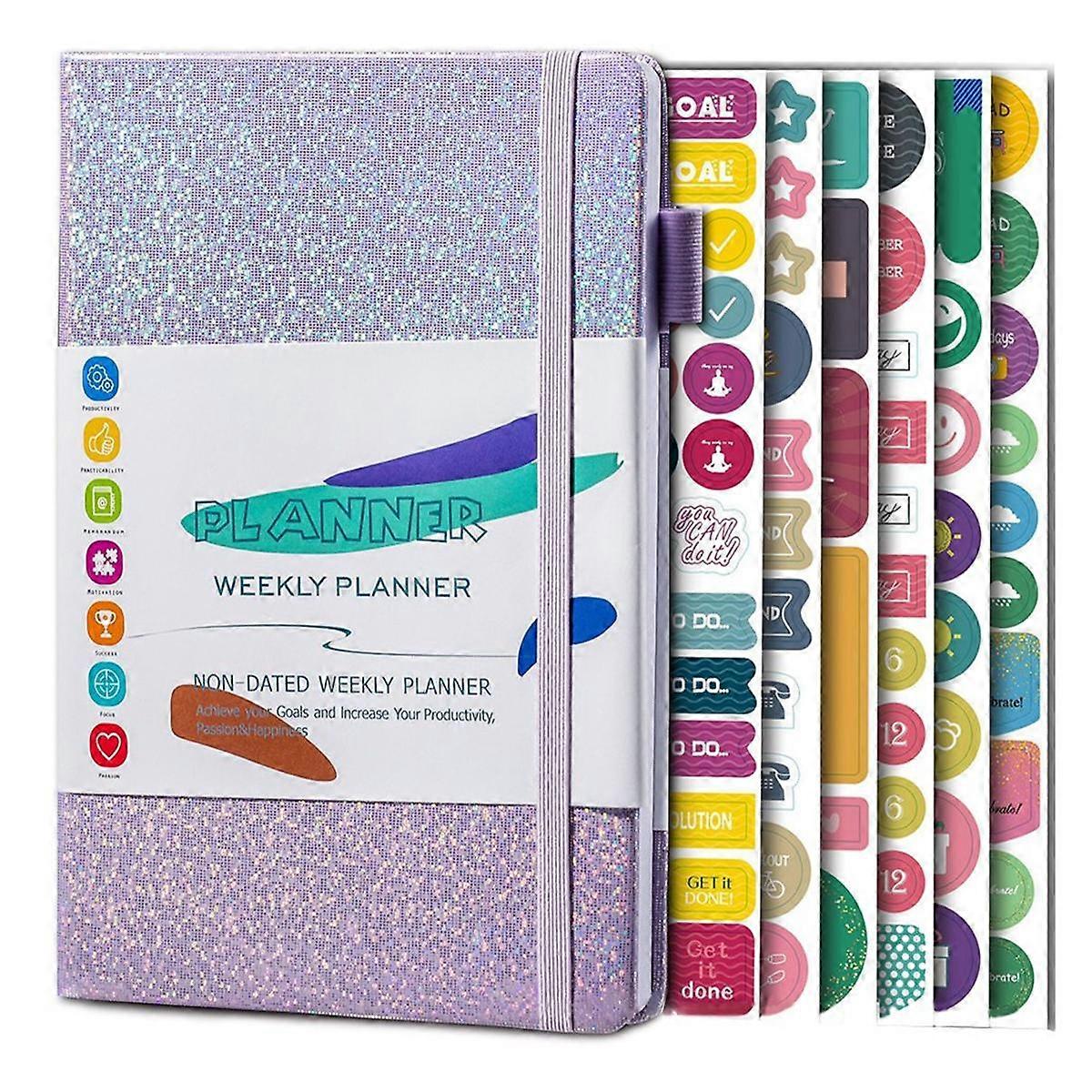 A5 Notebook Paper Diary Notebook with Elastic Strap and Journal Stickers Purple