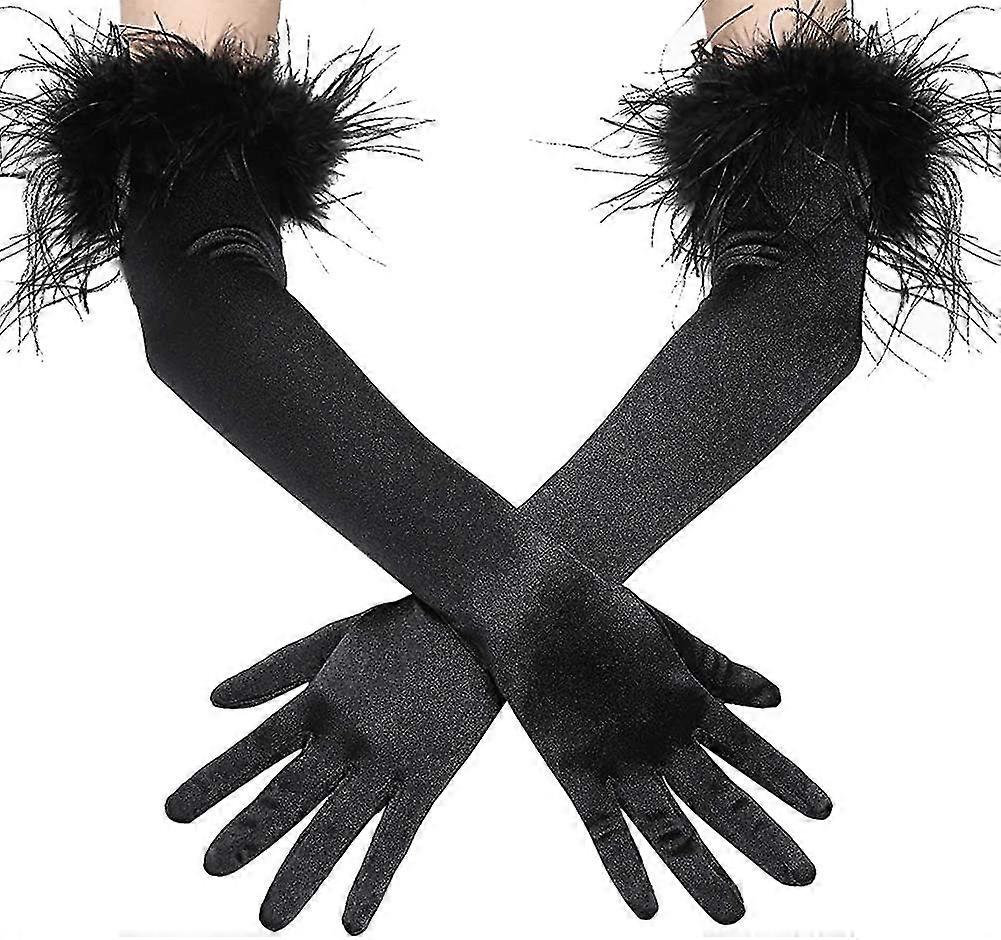 Långa operahandskar i satin med fjäder, brudhandskar i 1920-talsstil