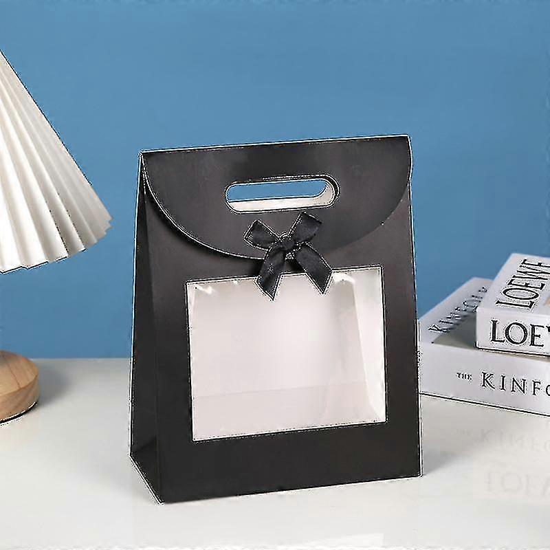 Strong Paper Stand Up Gift Bag, 26 Cm X 19 Cm X 9 Cm, Brown Kraft Bag With Clear Window And Bow - Pack Of 12