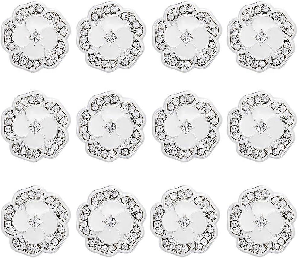 12Pcs Enamel Flower Buttons Silver Floral Rhinestone Buttons Crystal Flower Button Alloy Shank Replacement Decorative Buttons for DIY Sewing Crafts Sw
