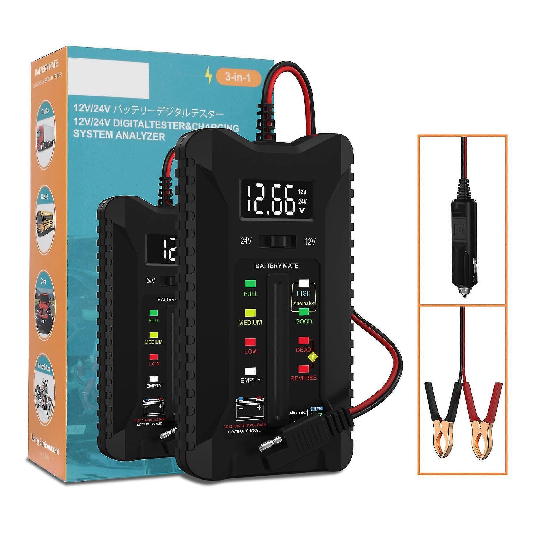 12v/24v Battery Tester, Voltmeter, Charging System Analyzer With Lcd And Led Display, 23.6 Inch Cable Length