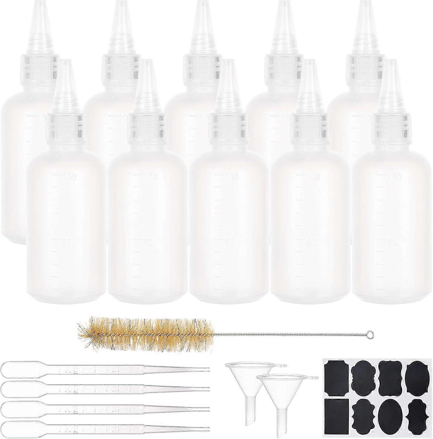 12PCS 3.4oz Plastic Squeeze Bottles with Measurement 4PCS 2ml Droppers 2PCS Funnels 1PC Brush and Sticker Labels for Icing Painting Cookie Decoration