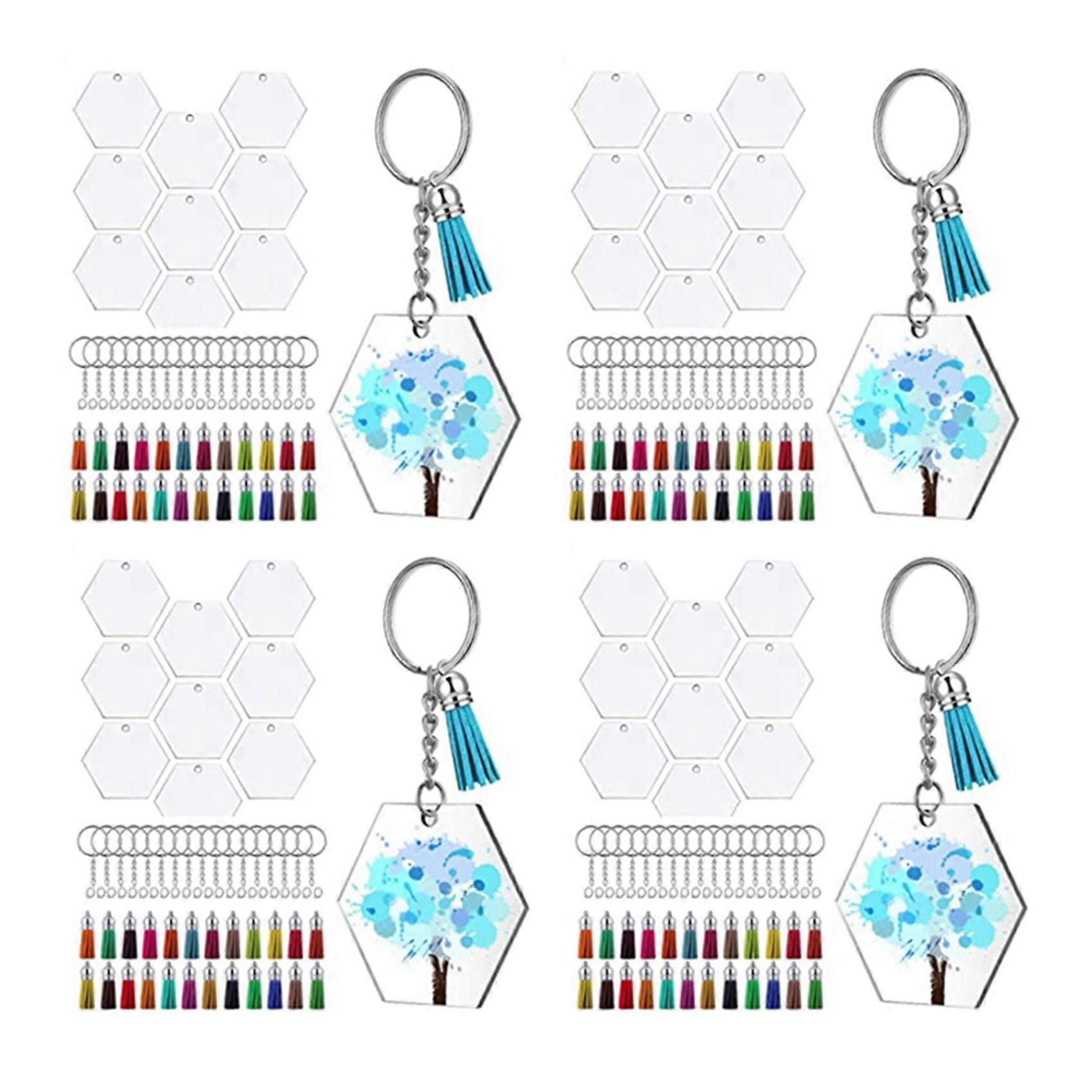 288Pcs Acrylic Transparent Discs Hexagon Keychain Blanks Charms and Tassel Pendants Keyring with Ch