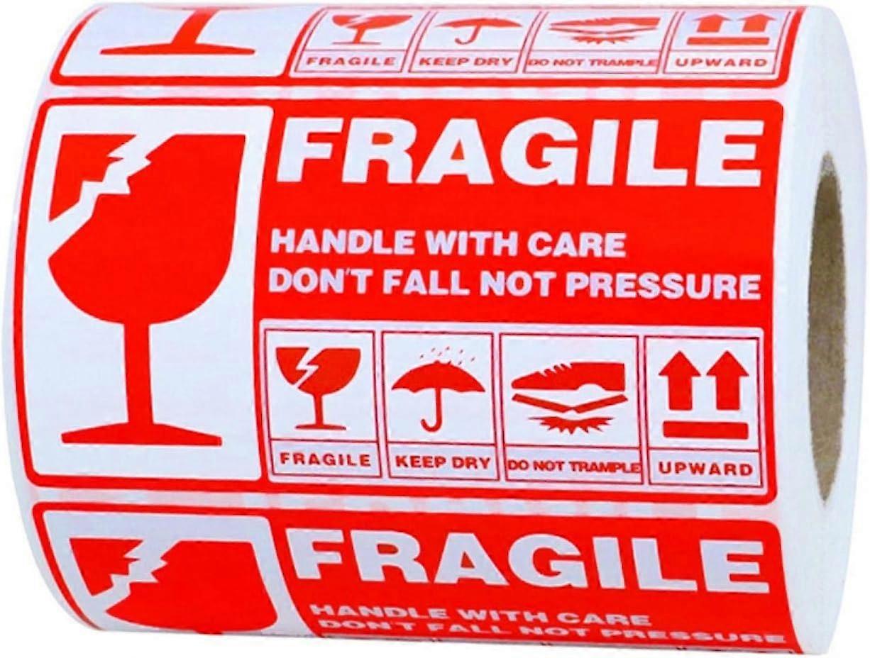 300 sheets/roll fragile delicate broken with glass pictogram labels (stickers) on roll, 13 x 7 cm, red print on white background