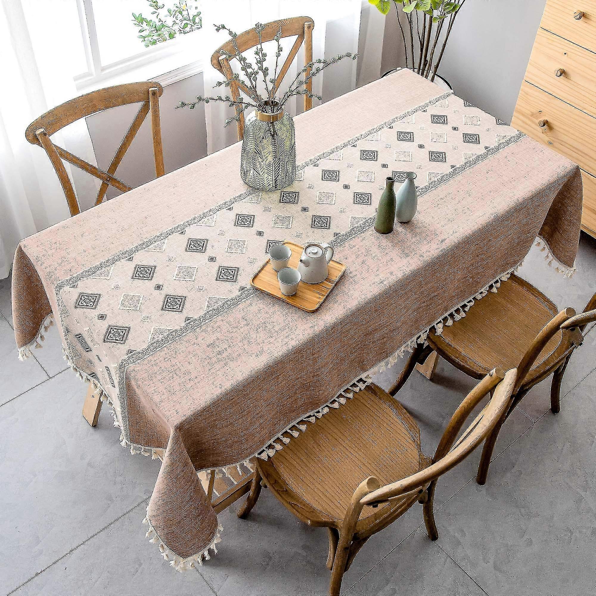 Tablecloth Rectangle Cotton Linen Table Cloth, Square Stitching Tassel Design Rectangle Tablecloths