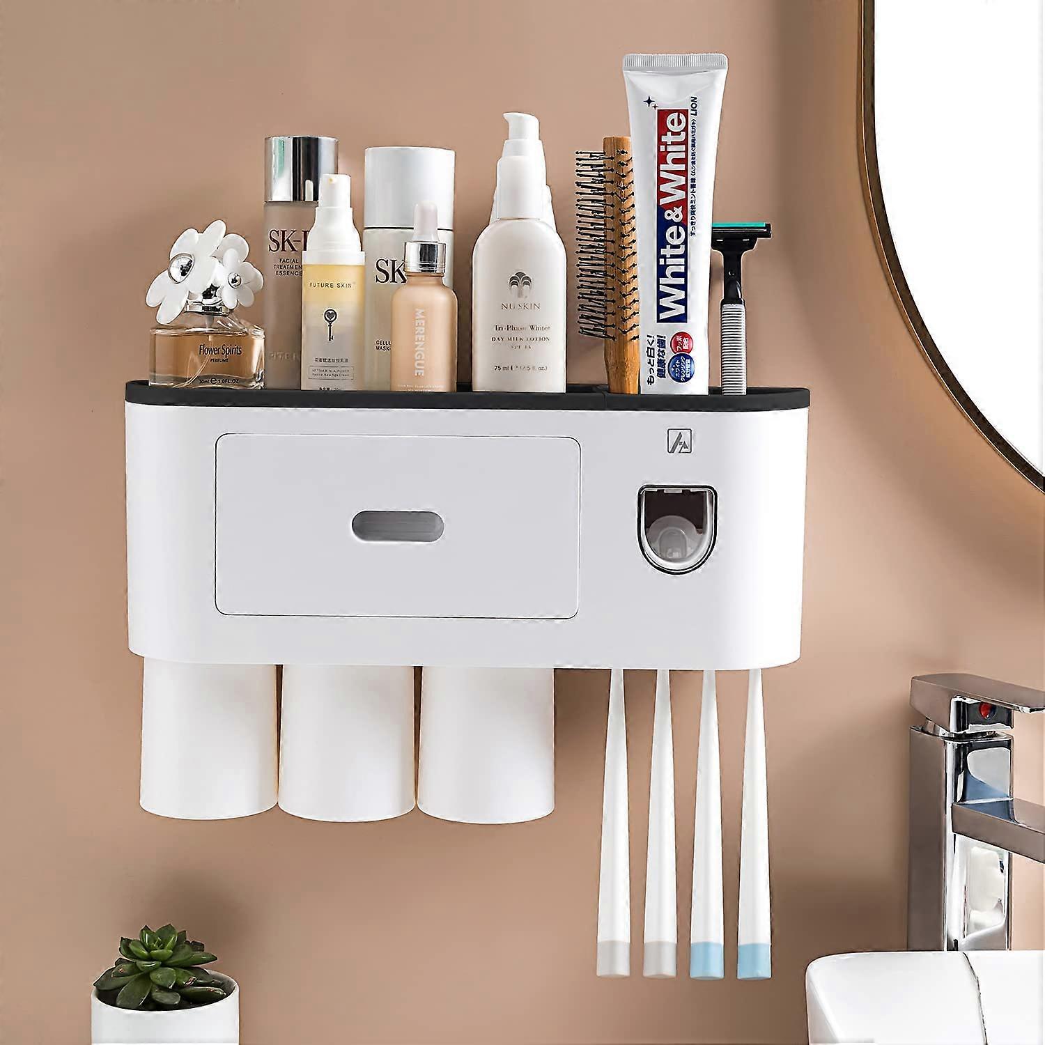 Toothbrush Holder with Toothpaste Dispenser-Multifunctional Wall Mounted Space-Saving Automatic Toothpaste Dispenser Squeezer Kit, 4 Toothbrush Slots,