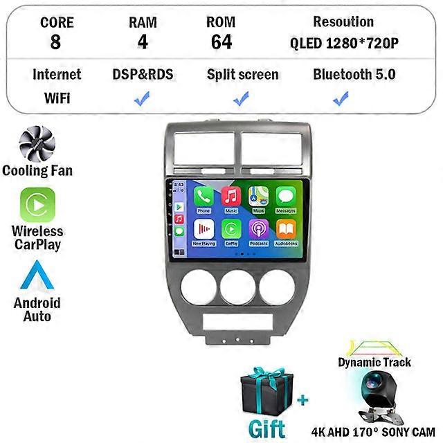Android 12 For Dodge Caliber Jeep Compass 1 MK Patriot 2006 - 2010 Car Radio Multimedia Blu-ray QLED Navigation Carplay WIFI GPS