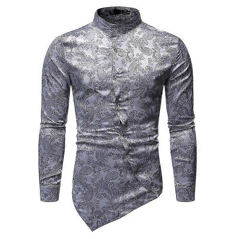 Irregular Hem Men's Casual Sleeve Pattern Shirt-grey