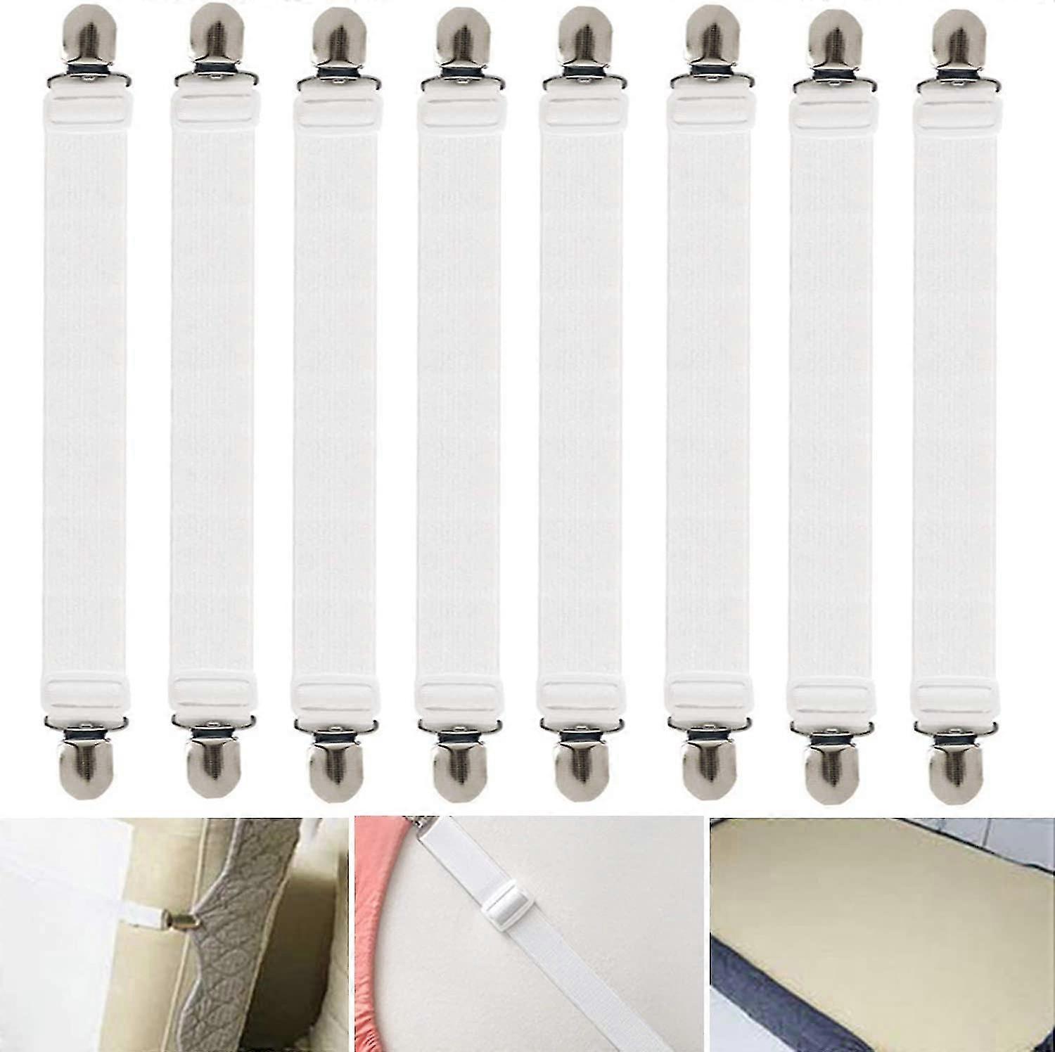 Adjustable Bed Sheet Tensioner, 8 Pieces Elastic Sheet Tensioner, White Sheet