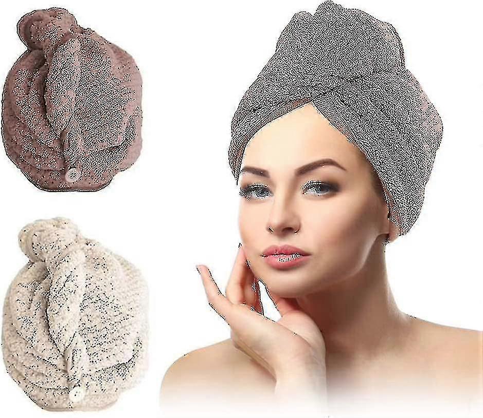 Turban Towel, Head Towel With Button Microfiber ,Beige+Brown -2 Pieces