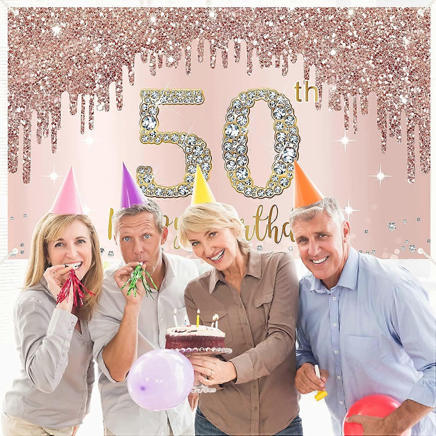 Happy 50th Birthday Banner 6x3.6ft - Pink & Gold Sign For Women's 50th Party Decor, Polyester Backdrop - View #2