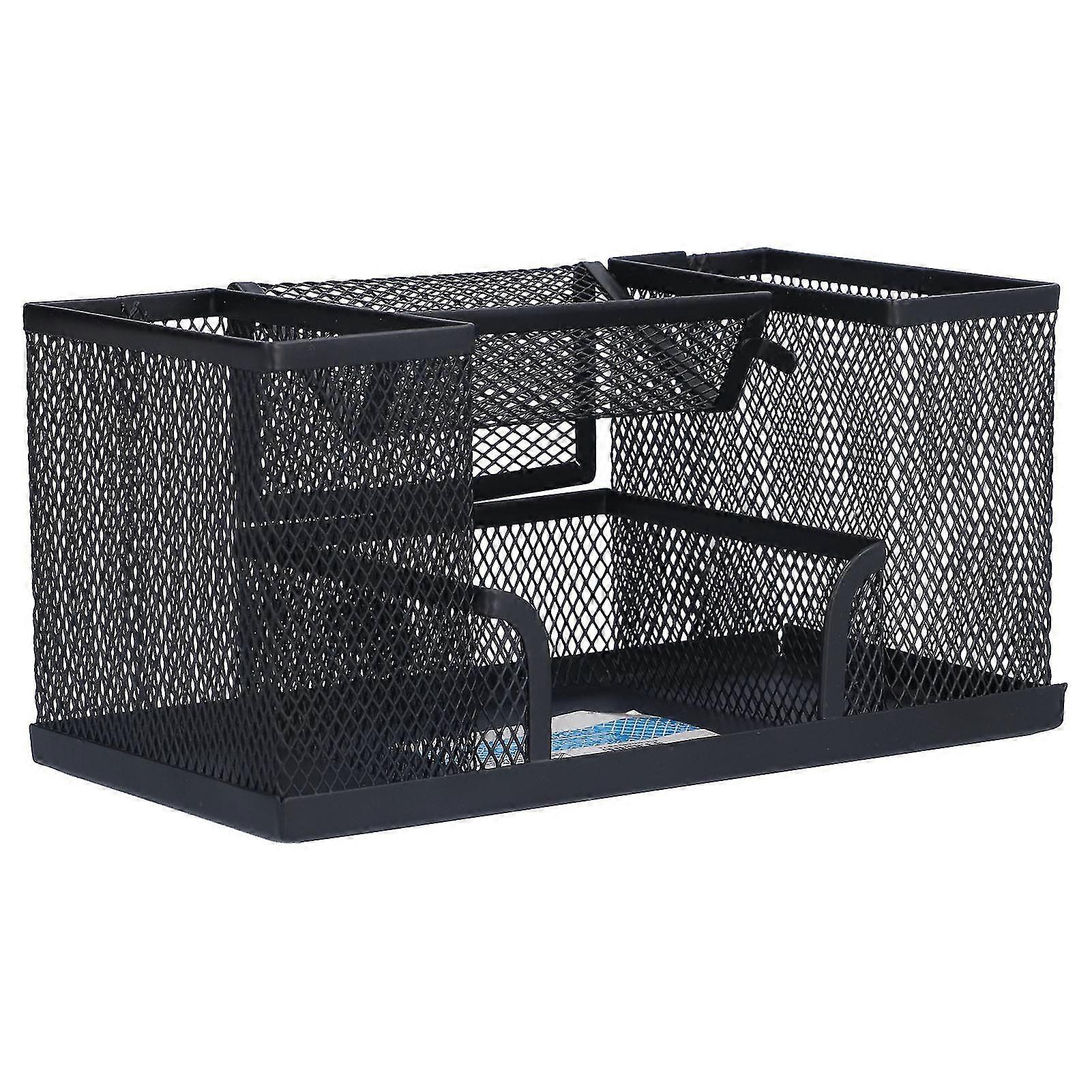 Pen Holder Metal Rectangular Grid Pencil Container Black Desk Storage Box for Office