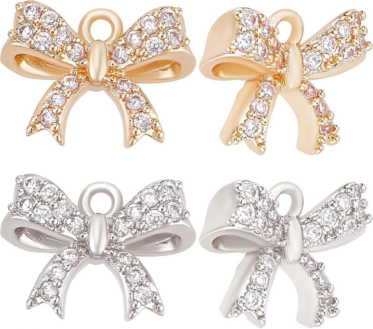 1 Box 12Pcs Gold Silver Bowknot Charms Tiny Cubic Zirconia Bow Dangle Pendants Charm with Loop for Jewellery Making 13x10mm