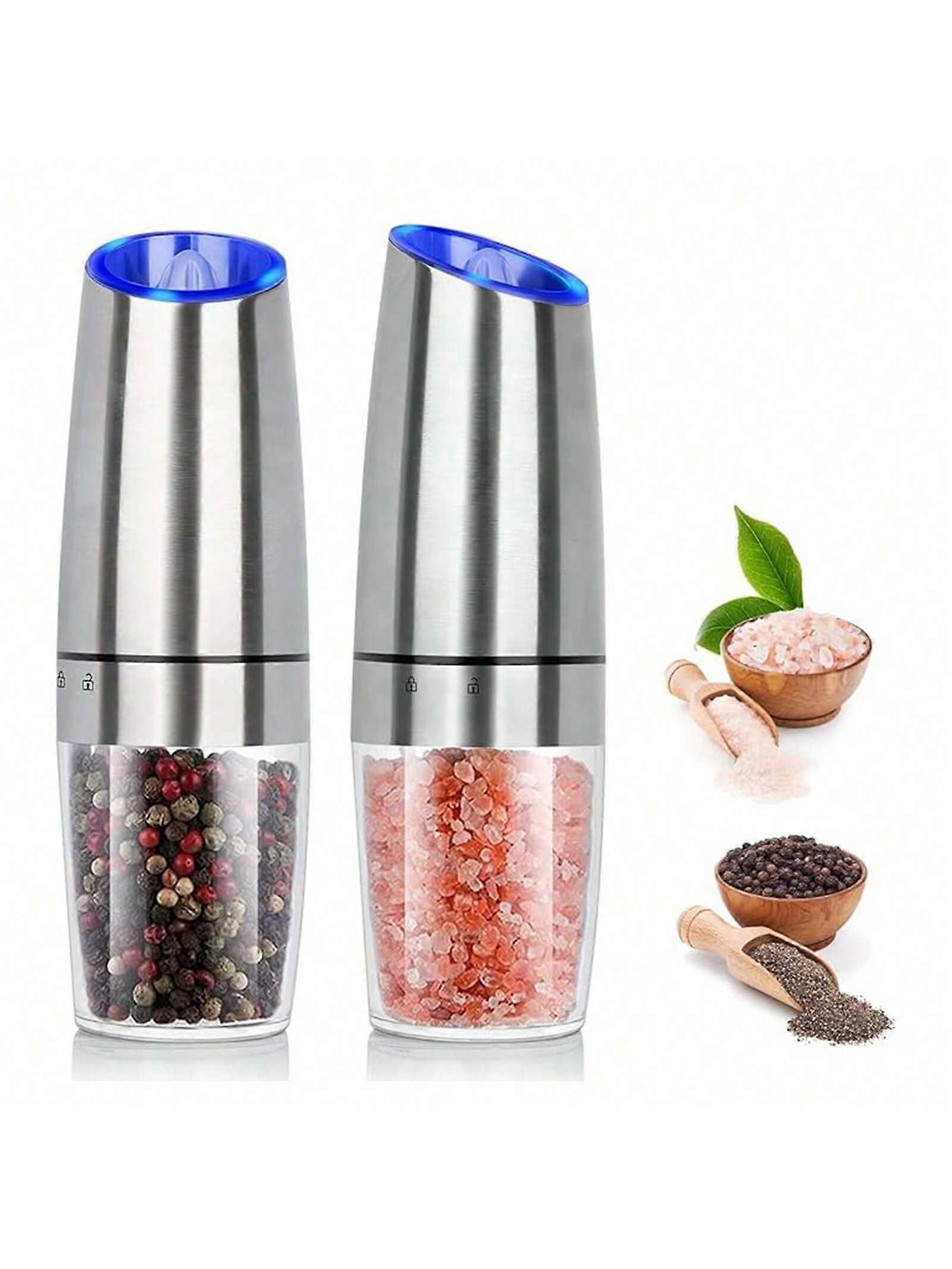 2 عبوة ، مجموعة مطحنة الملح والفلفل بالجاذبية ، بطارية تعمل بضوء LED ، خشونة قابلة للتعديل ، مطحنة فلفل أوتوماتيكية بيد واحدة للمطبخ والشواء ، S