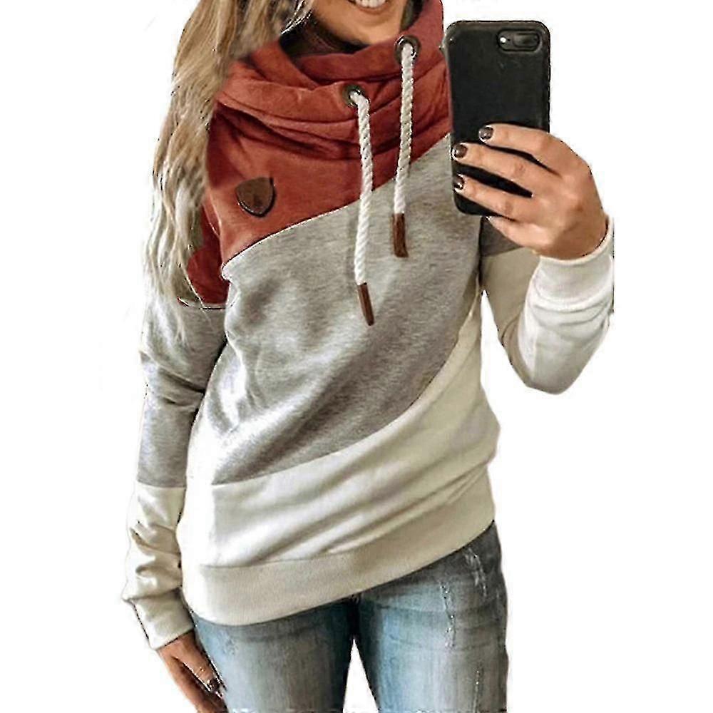 Women's Color Block Cowl Neck Hoodie Pullover Long Sleeve Sports Sweatshirt Hooded Hoody - WK
