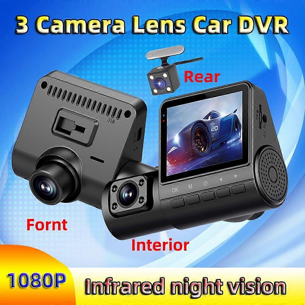 3 Cameras Dash Cam 2in Clear Car Rearview Mirror Car Video Recording Camcorder Multi~Language Car Camera Recorder Auto Safety Driving Recorder MK3050