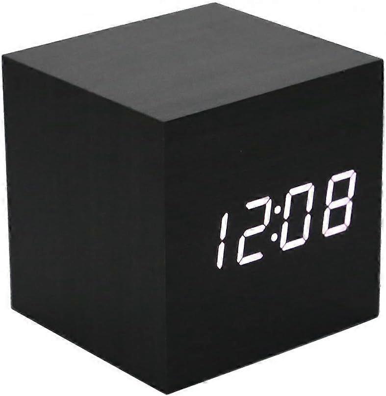 Wooden Alarm Clock - Mini LED Digital Clock with Temperature Time Display, 3-Level Brightness and Voice Control Ideal for Home Travel - black_White