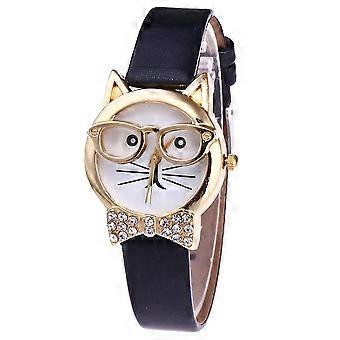 Schattig kattengezicht ronde wijzerplaat strass faux quartz polshorloge zwart