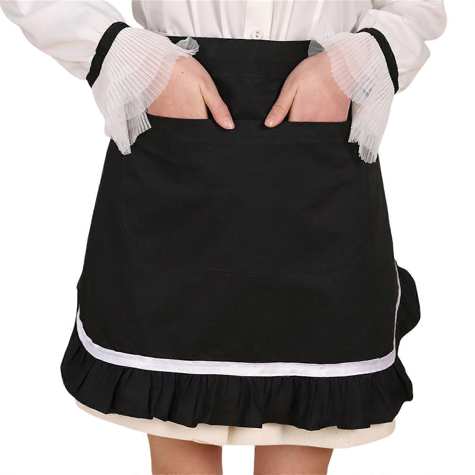 Japanese Style Pleated Lace Half Apron With Adjustable Waist for Cooking and Baking Soft Comfortable Apron for Women  Black