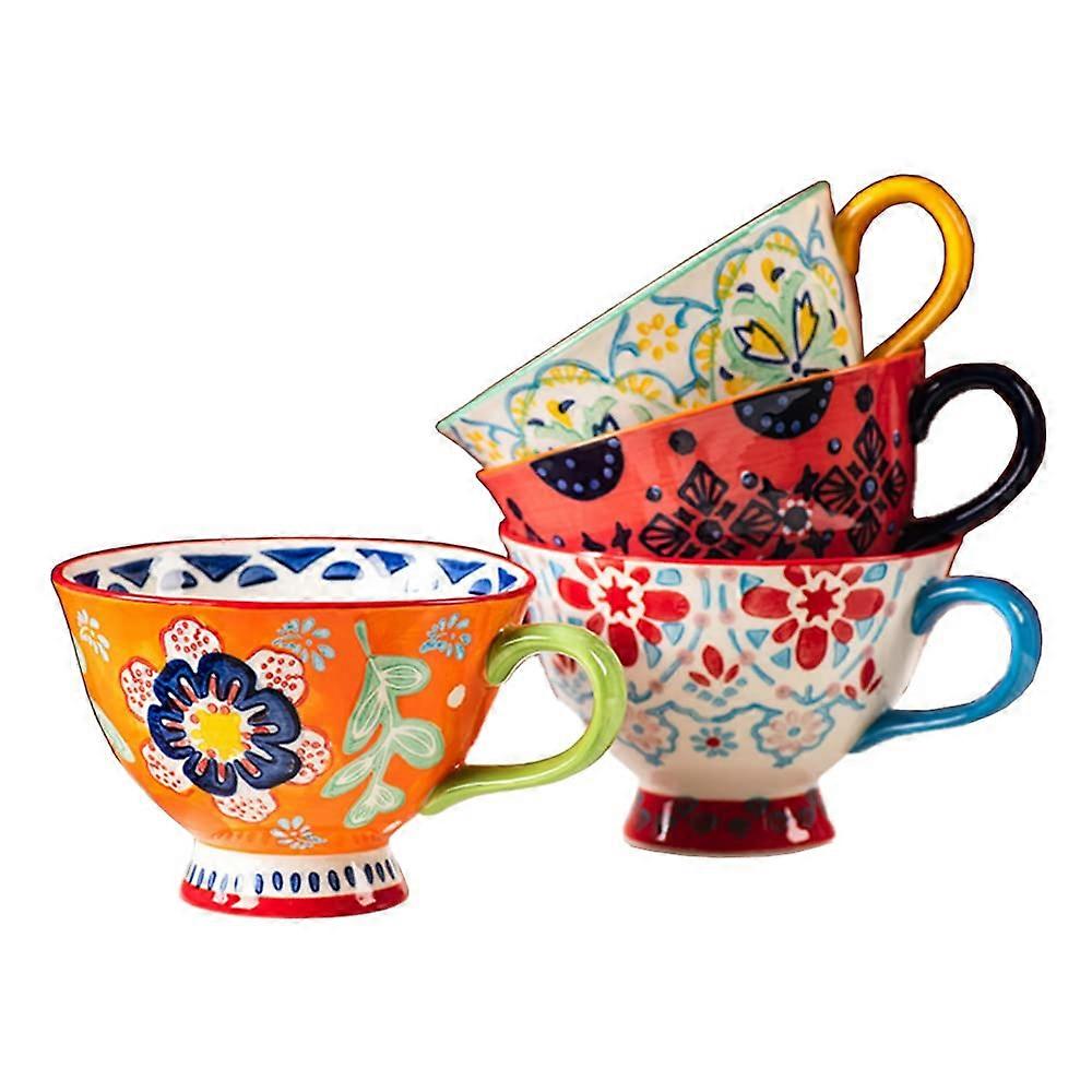 4 Set Hand-Painted Floral Pattern Jumbo Coffee Mug for Home Kitchen 14oz