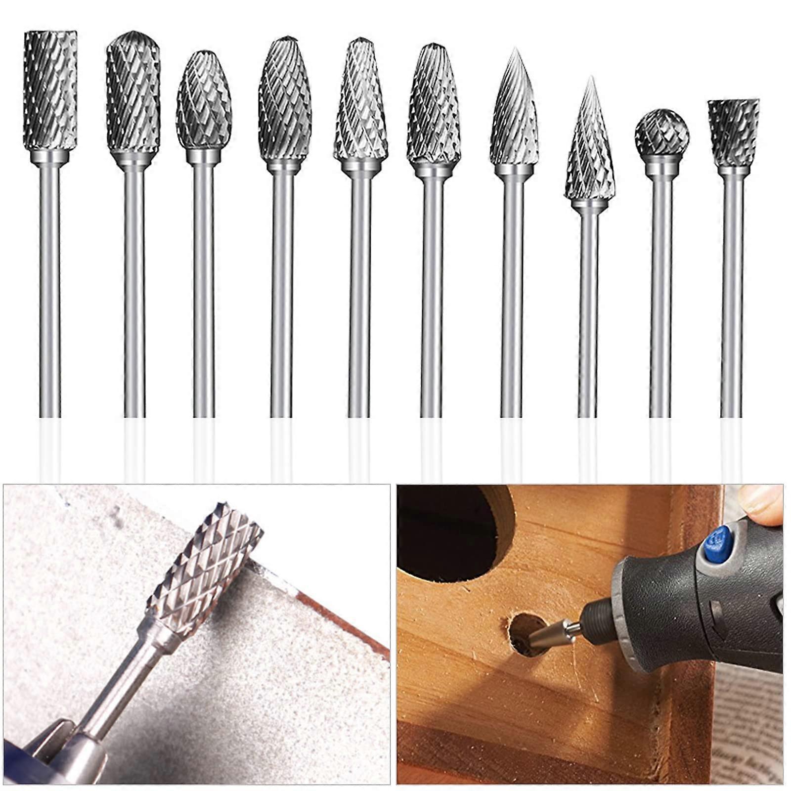Tungsten Carbide Rotary Files Set,10pcs Rotary Accessories 1/8' Shank for Carving, Engraving, Drilling