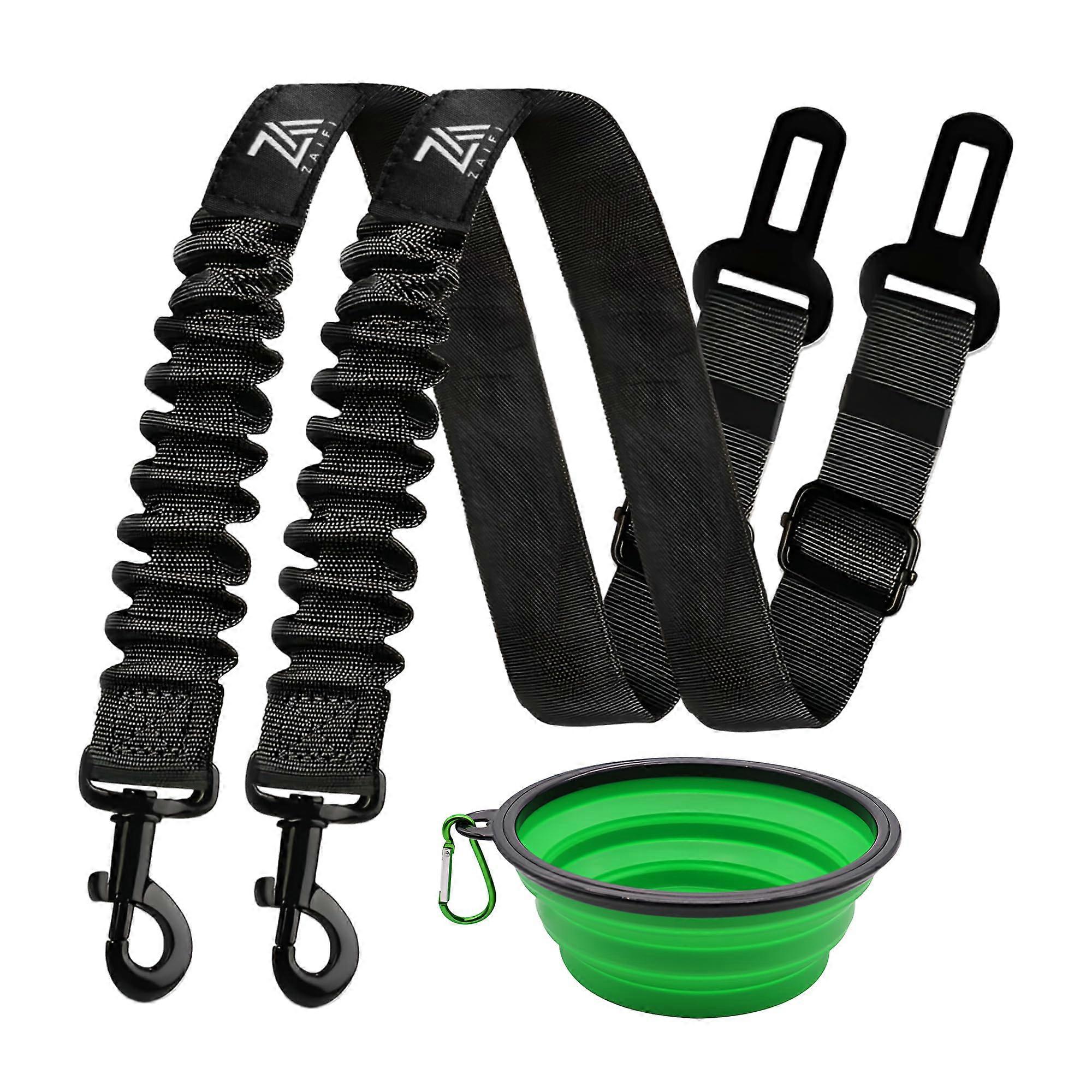 Dog Seat Belt Set, 2 packs of retracted dog car shell shock absorbing bungee, 360 ° rotating clip and foldable water bowl for pet trip