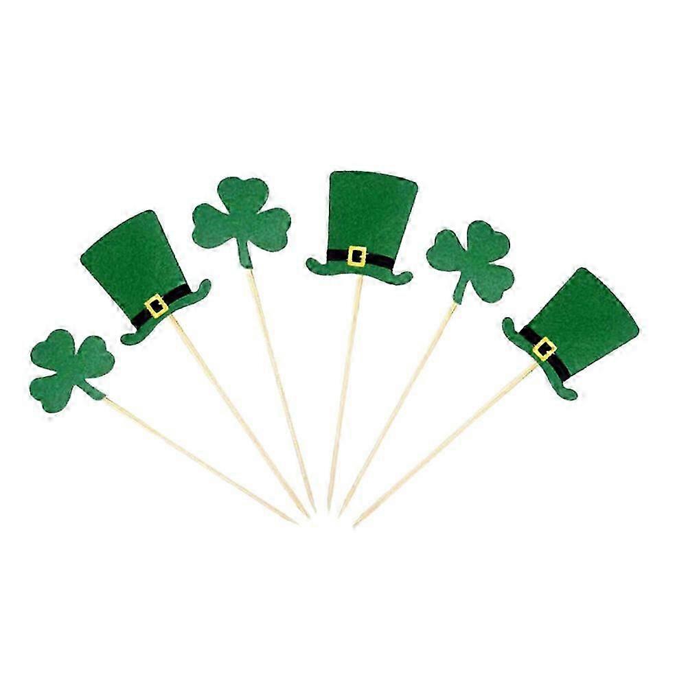 20pcs St. Patrick's Day Cake Topper Paper Clover and Hat Cake Picks for Decoration(each 10 of Dark Green Clovers, Clover Hats)