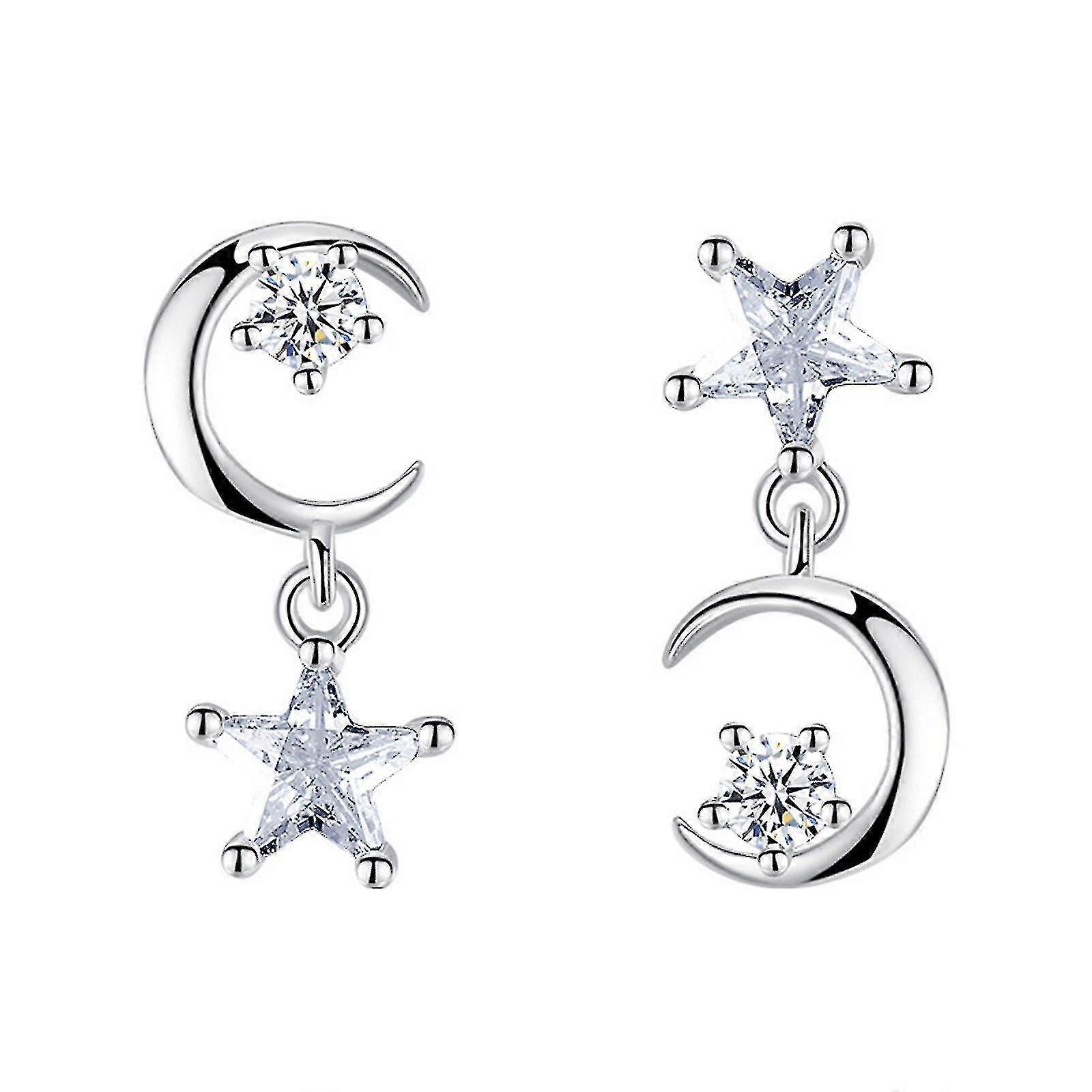 A Pair Magic Moon Earrings Temperament Shining Star Moon Silver Plated Zircon