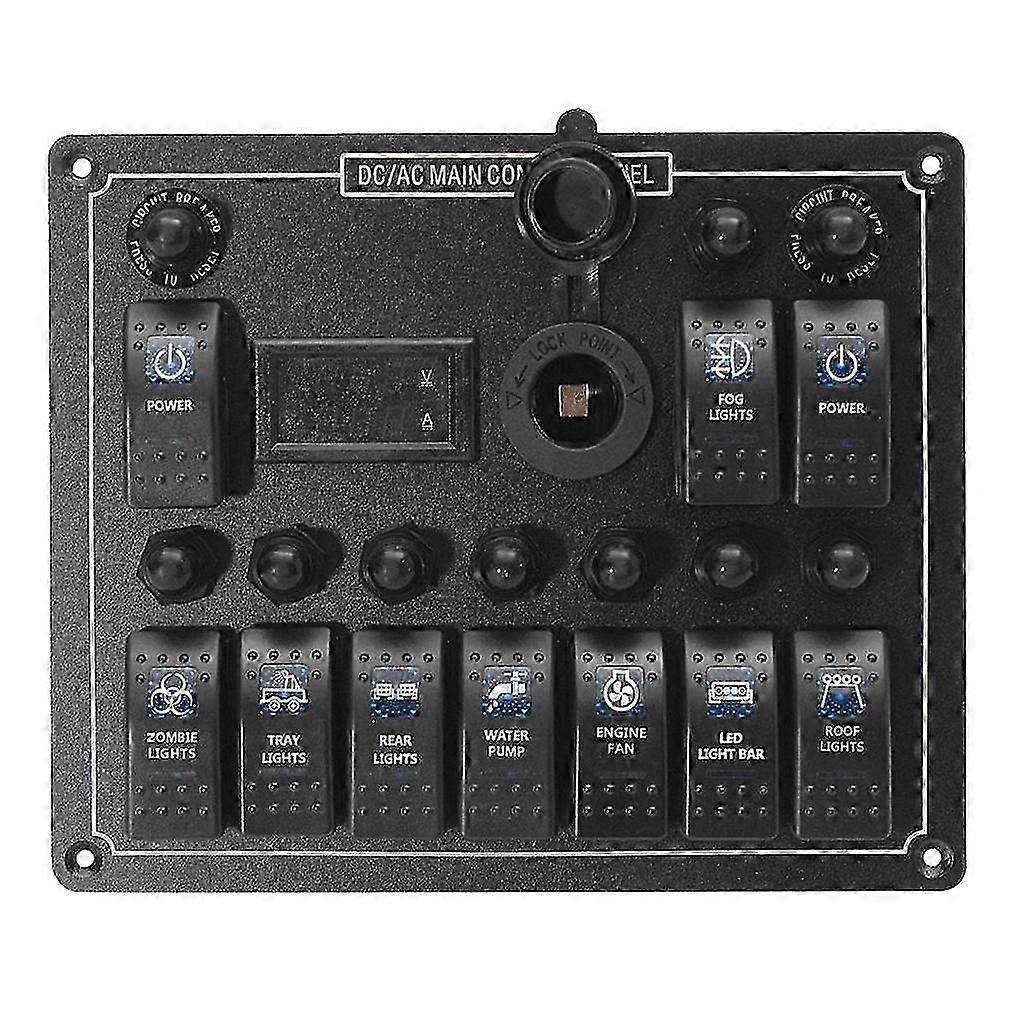 Flameresistant 10 Gang Marine Rocker Switch Panel Current Voltage Meter