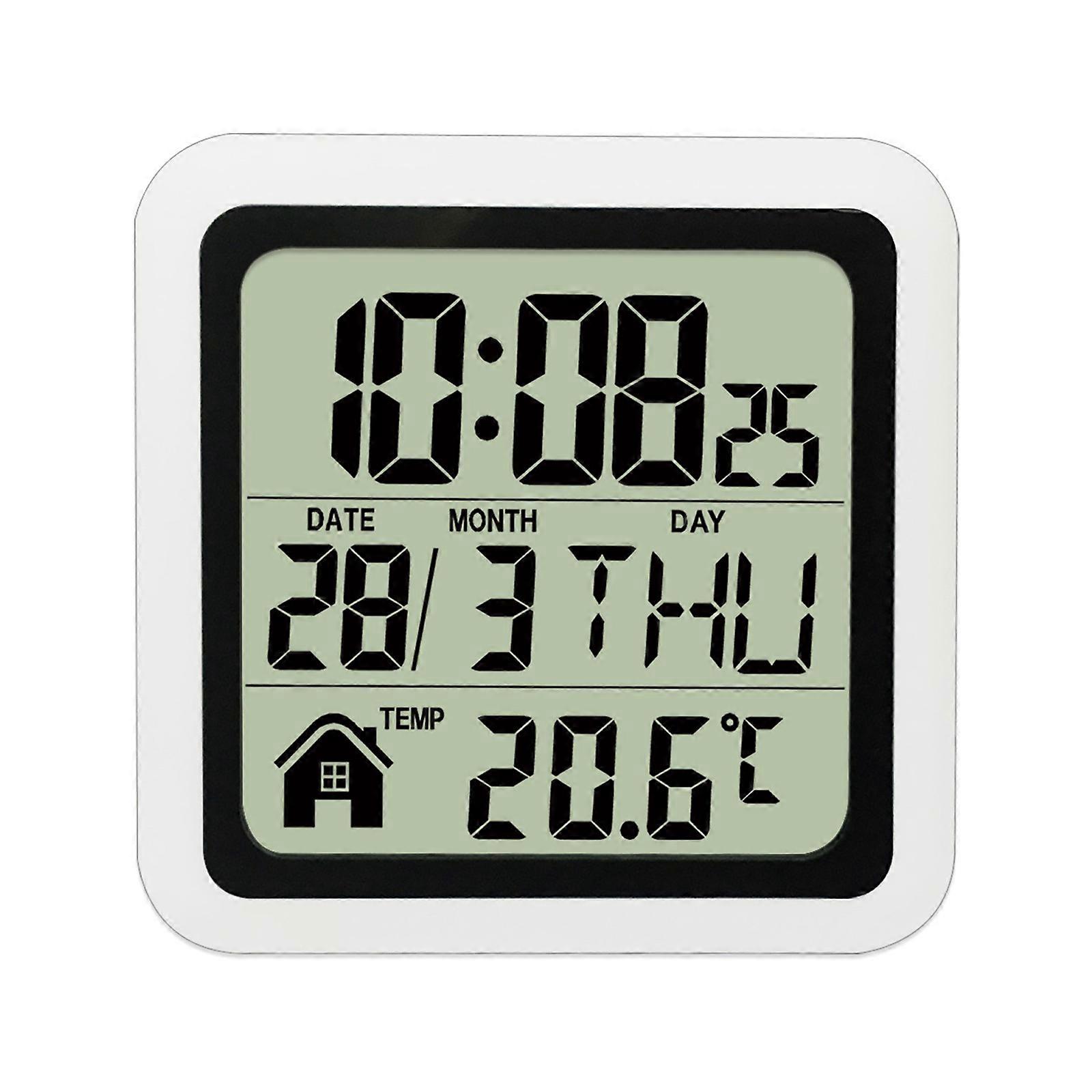 Waterproof Digital Clock With Multiple Language Week Display with Temperature Time Date Suction Cup Wall Mount  White