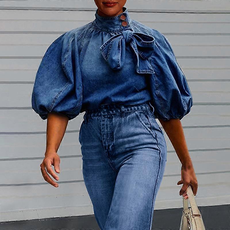 Spring and Autumn Denim T-shirt Gradient Color Thin Puff Sleeve Pullover Top Casual Temperament