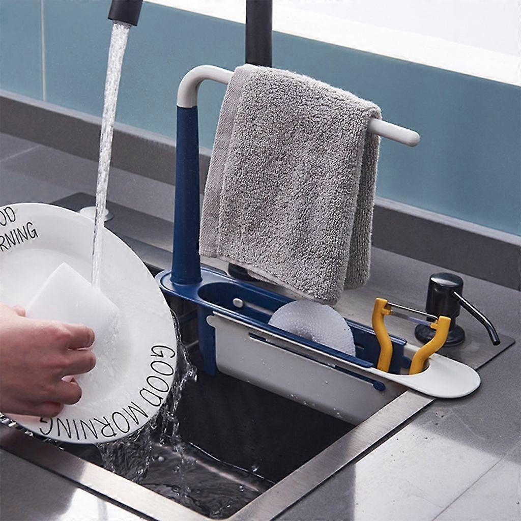 Telescopic Sink Organizer Sponge Holder Tea Towel Holder Sink Shelf Kitchen Blue