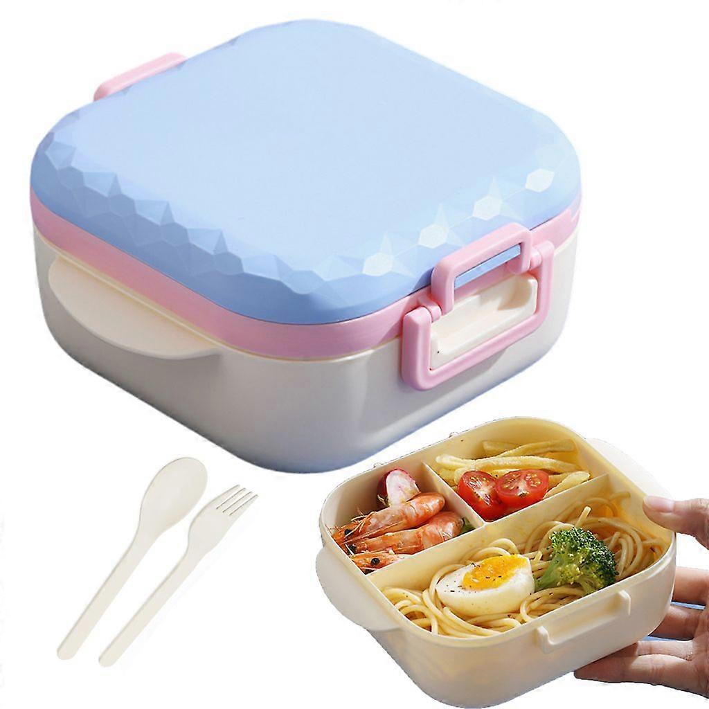 Portable Kids Plastic Lunch Box Bento Box Food Container with Cutlery 3 Compartments Light Blue
