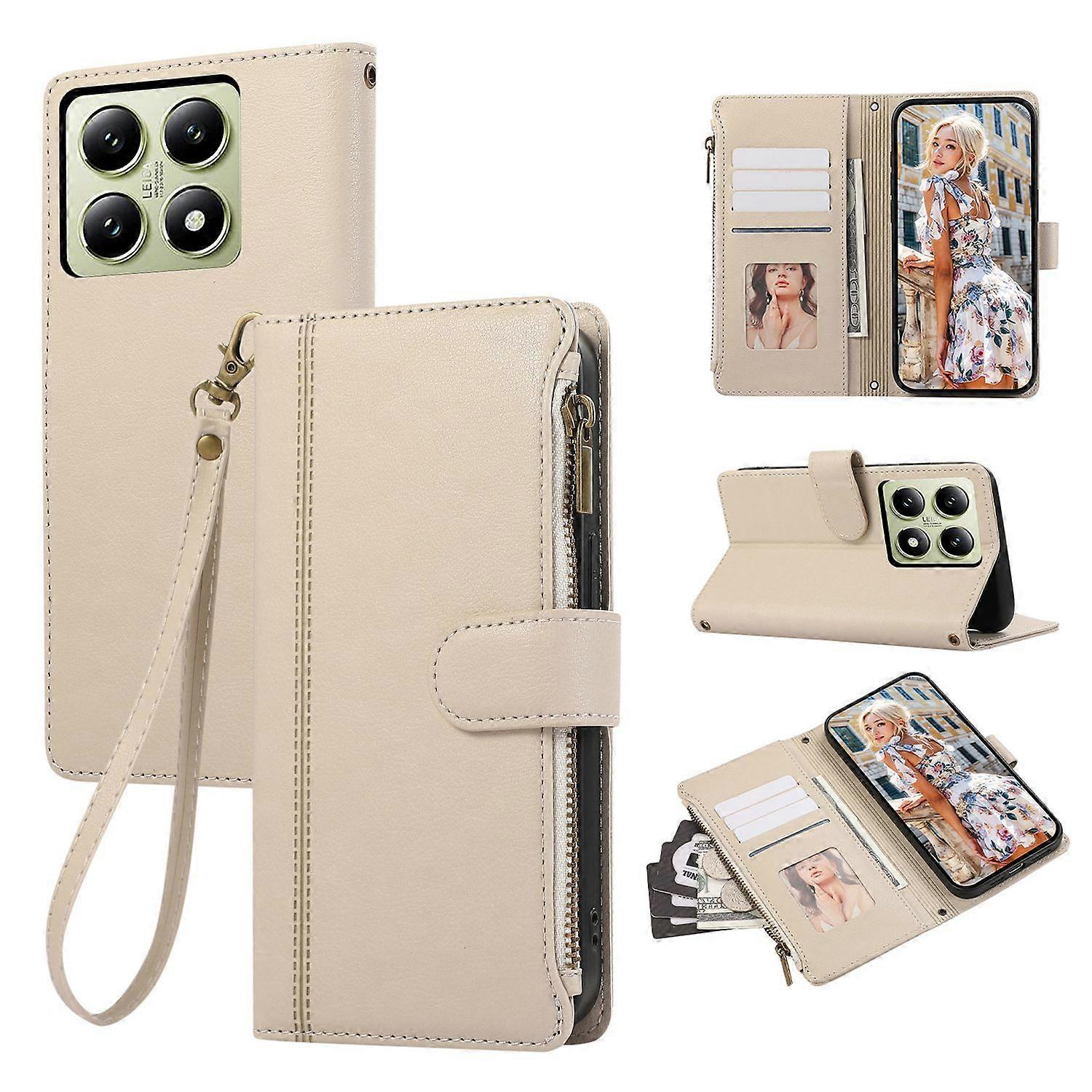 For Xiaomi 14T Pro Case Multi Card Slots Zipper Leather Phone Cover with Wrist Strap