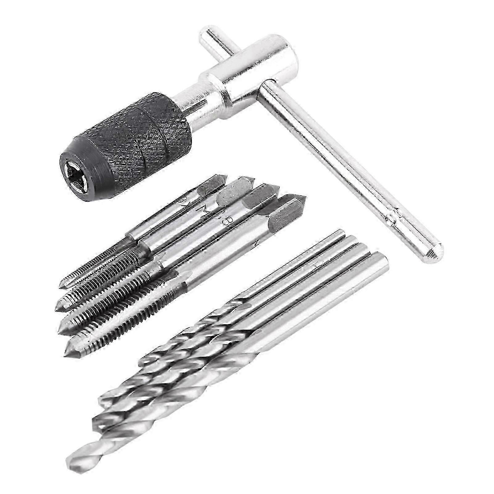 9pcs Set Screw Taps & T-shaped Wrench & Twist Drill Bits Threading Tapping Hand Tool Kit
