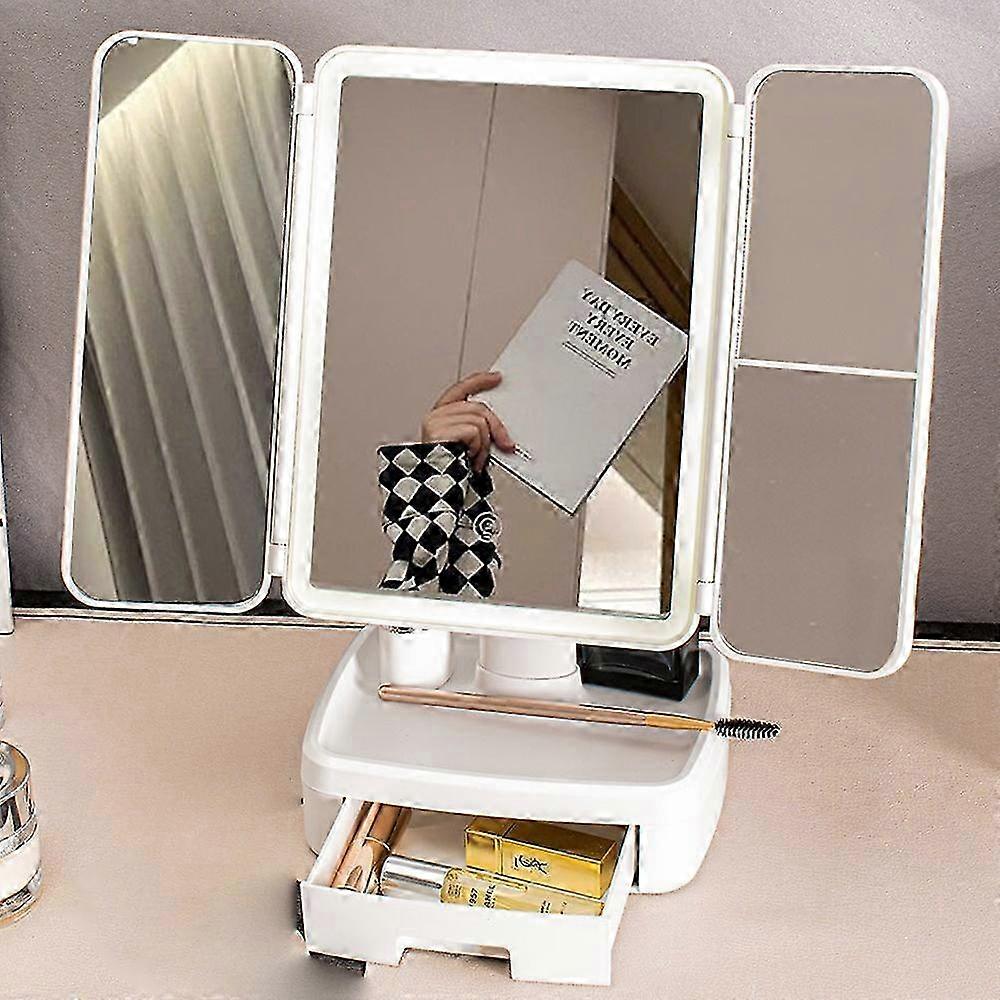 Triple Folding LED Makeup Mirror with Stepless Dimming and 3X Magnification Plus Storage Drawer