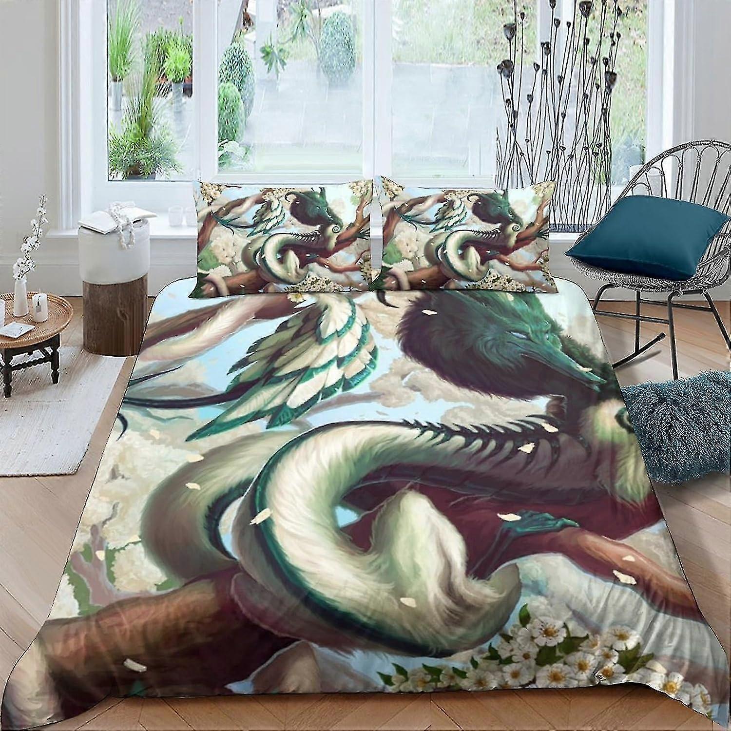3D Print Dragon Duvet Cover Set Microfibre Comforter Cover with 3 Piece Pillowcases for Children and Adults