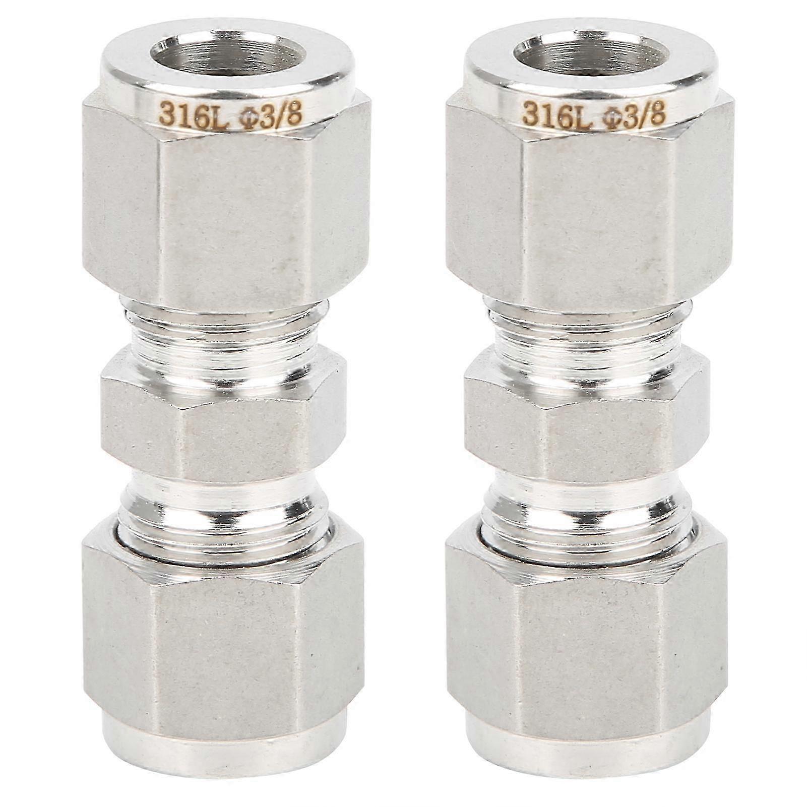2Pcs Stainless Steel Compression Fitting Straight Double Ferrule Tube Adapter for Pipe (3/8)