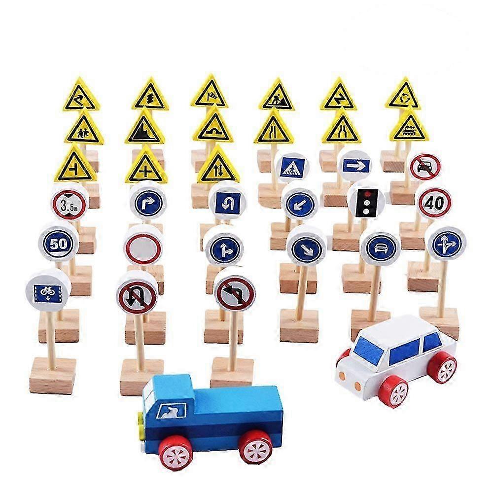 35pcs木製道路標識交通標識プレイセット交通知識学習用子供用教育玩具